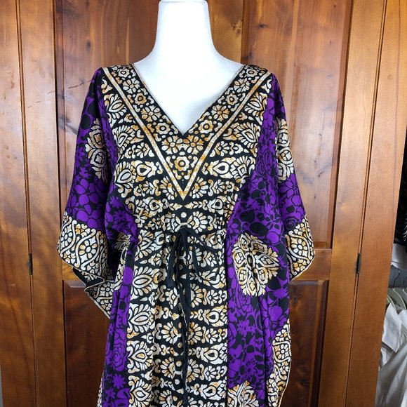 Pretty Girl Beachy Coastal Silk/Cotton Boho Kaftan Coverup Dress Artsy Resort - Picture 3 of 15